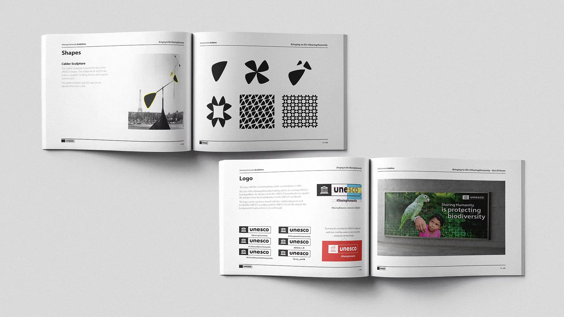 UNESCO #SharingHumanity brand-guideline book spreads